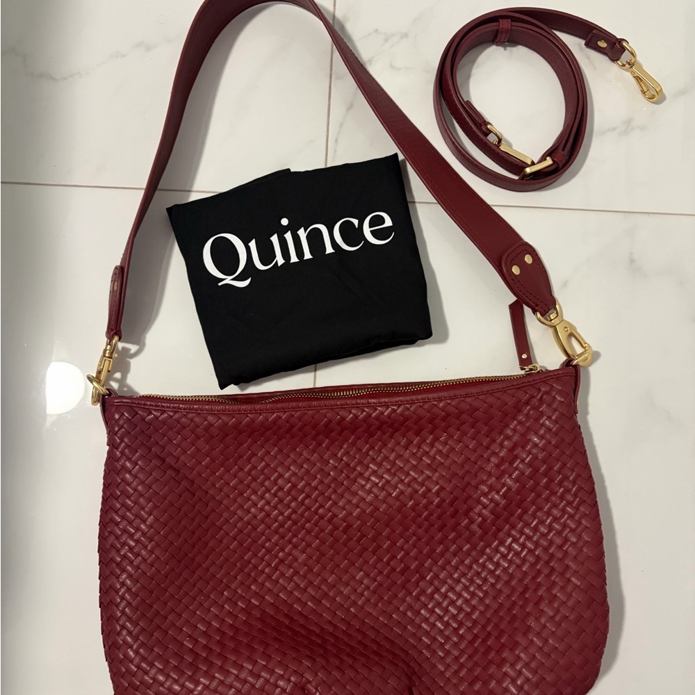 Quince Woven Leather Shoulder Bag in Merlot with Gold Hardware